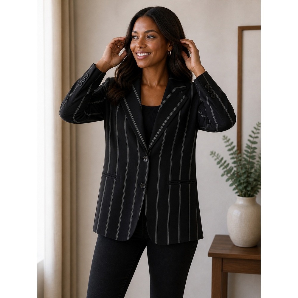 Clockhouse Black Pinstripe‎ Blazer Two Button Tailored Jacket Women Size 46